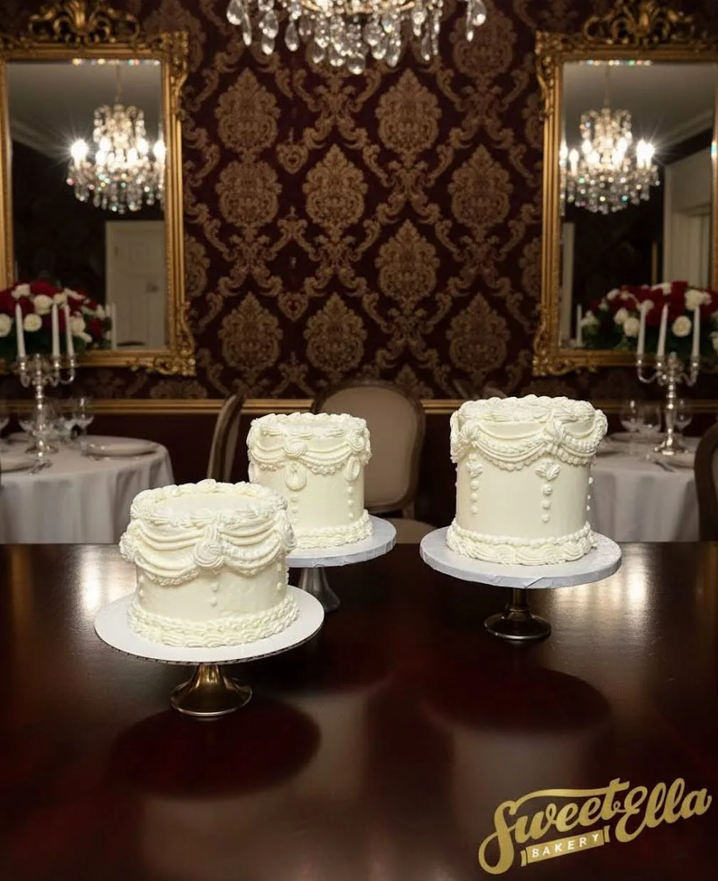 Three white cakes with vintage piping on cake stands