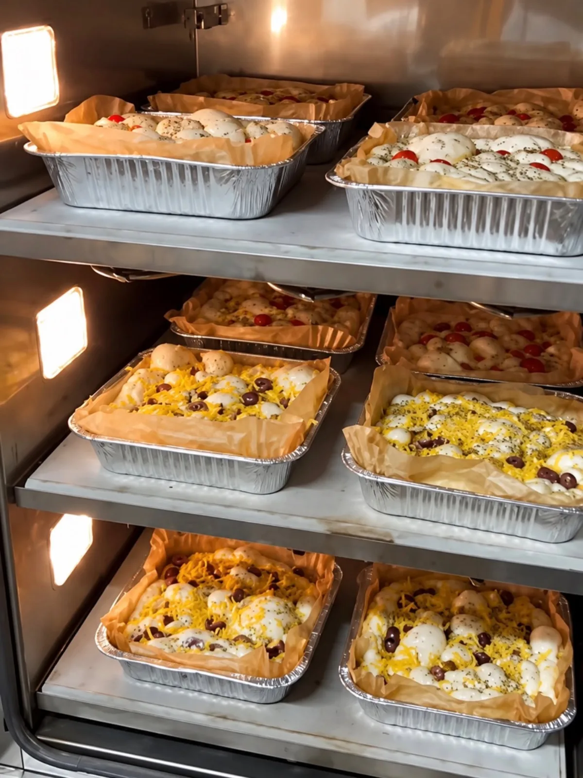 Pans of focaccia with cherry tomatoes and olives on the racks of an oven