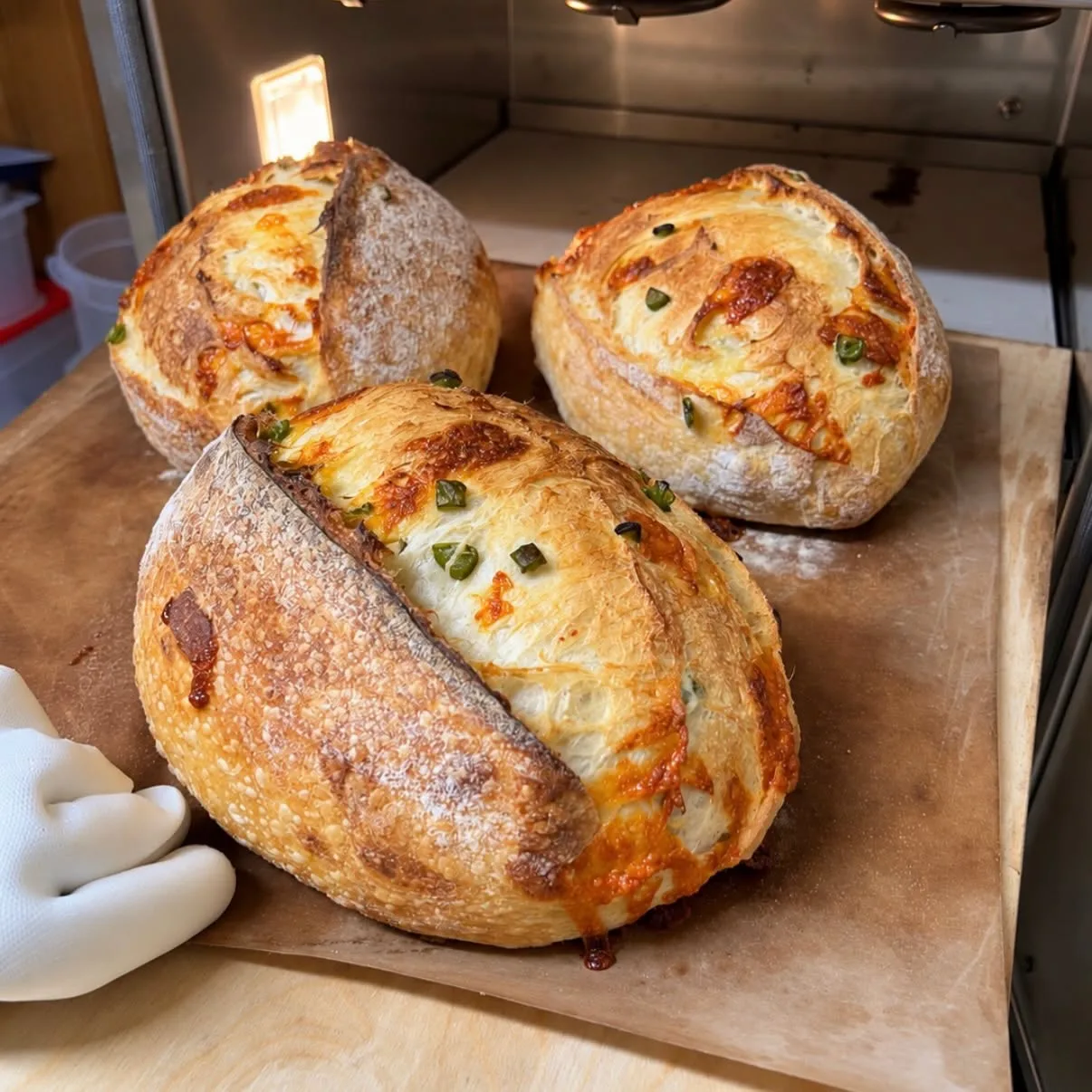 Three jalapeño and cheddar sourdough loaves, fresh out of the oven